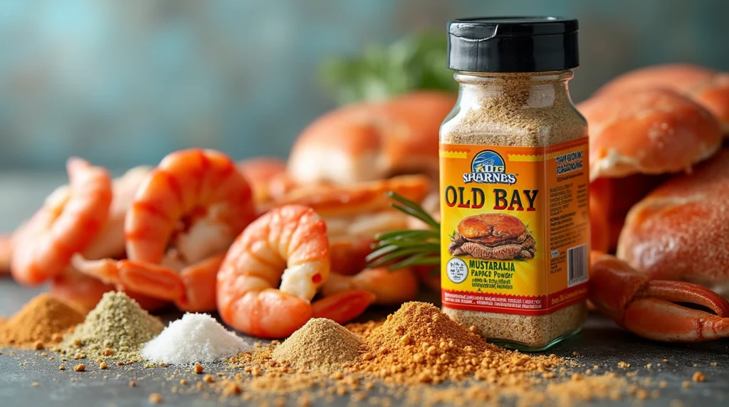 "A jar of Old Bay-inspired seafood boil seasoning with celery salt, mustard powder, and paprika, paired with shrimp, clams, and crabs on a coastal-themed background."