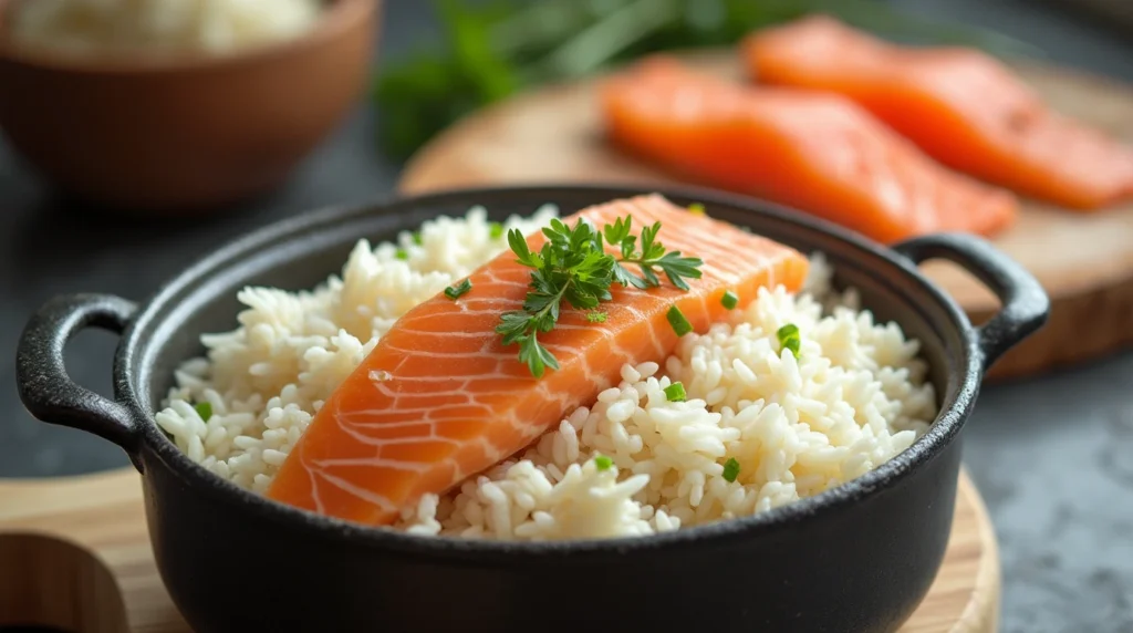  A home cook preparing rice in a pot, with fresh salmon fillets nearby, illustrating the cooking process for pairing with salmon.