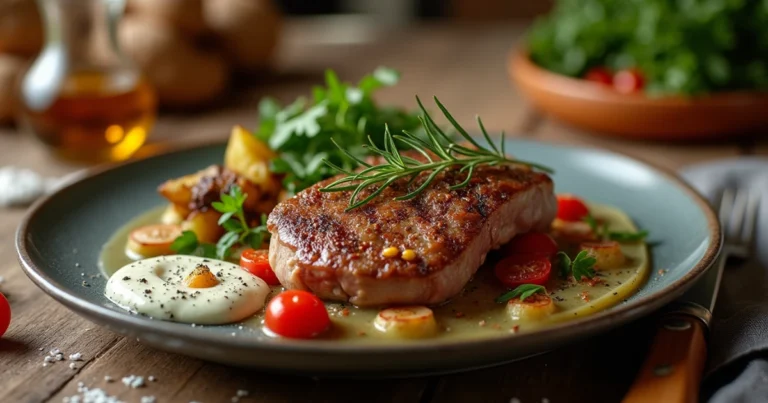 "A beautifully plated lamb breast dish, roasted to golden-brown perfection, garnished with fresh rosemary, and served with roasted vegetables and mint yogurt sauce on an elegant dining table."