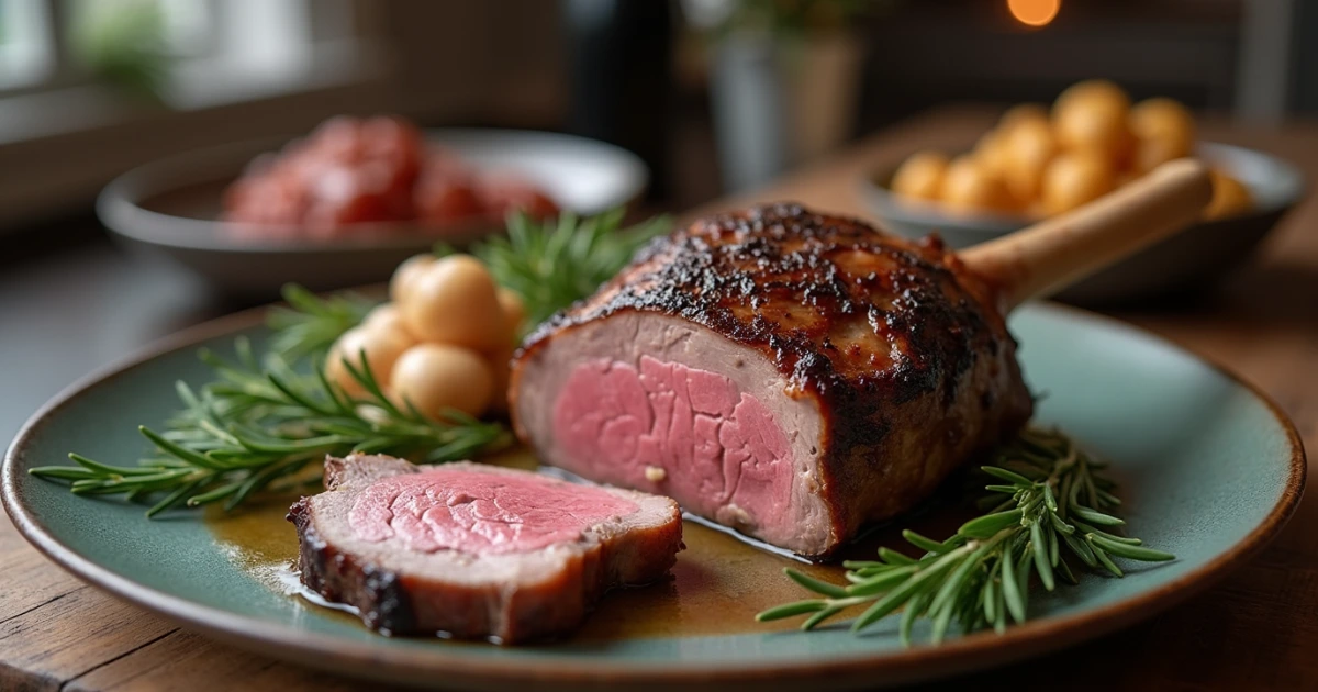 "Beautifully roasted lamb breast served with rosemary and thyme in a cozy, modern kitchen."