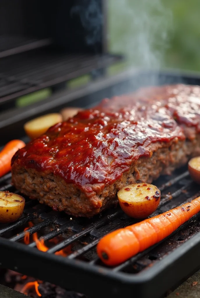 A smoked meatloaf with a rich BBQ glaze resting on a grill, ready to be served with a side of roasted vegetables.