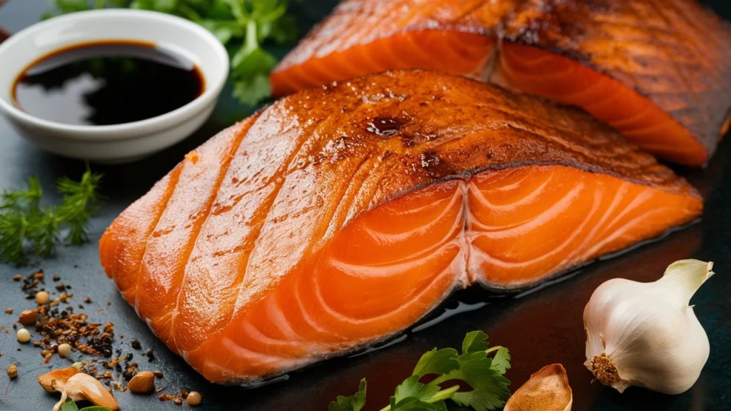  A beautifully smoked salmon fillet with a golden brown, crispy exterior.