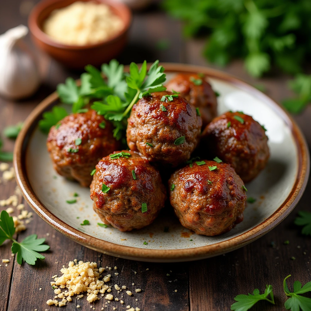 "Savory lamb meatballs on a rustic ceramic plate, garnished with fresh parsley, surrounded by breadcrumbs, garlic, and herbs."