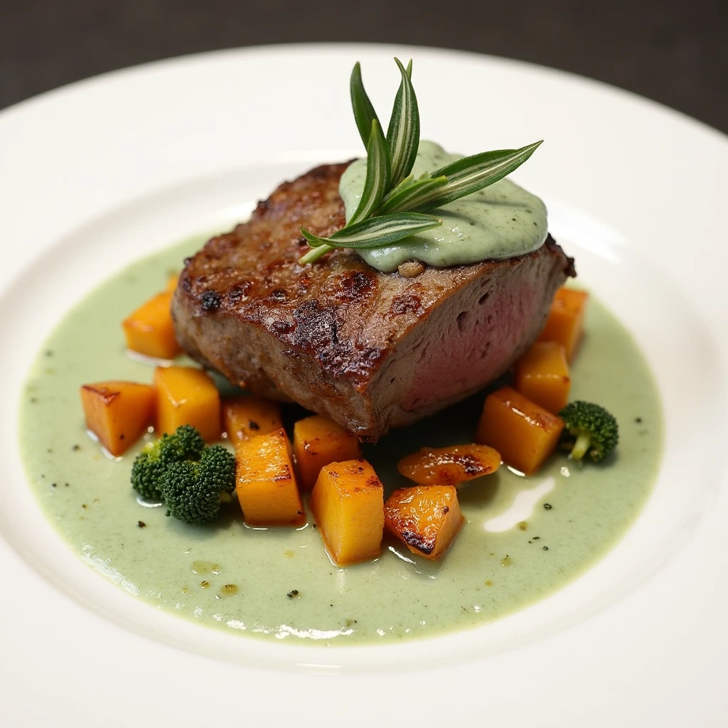 "A perfectly plated lamb breast on a white dish, served with roasted vegetables and drizzled with mint yogurt sauce, garnished with fresh rosemary."