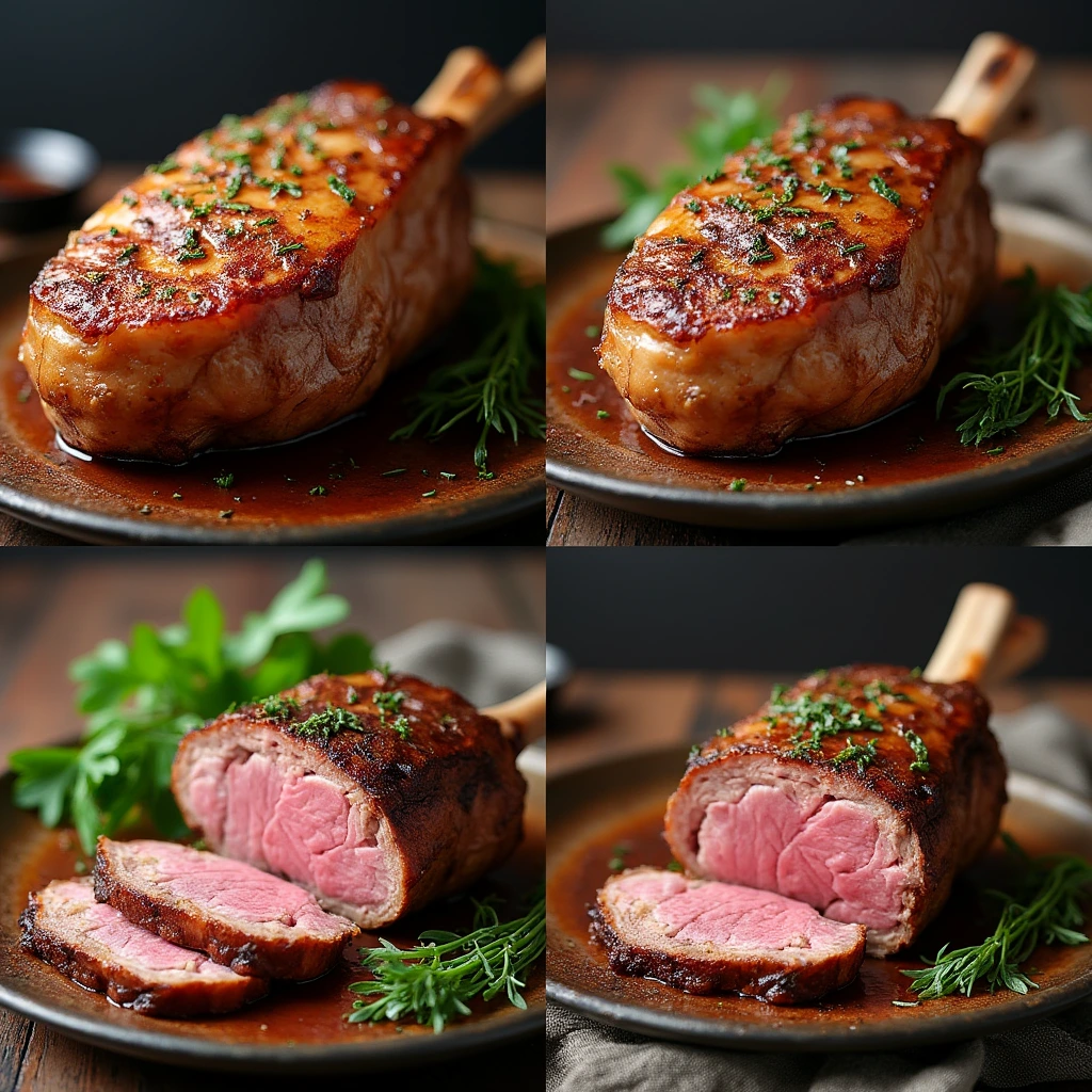 "Perfectly roasted lamb breast plated on elegant dish, garnished with fresh rosemary and thyme."