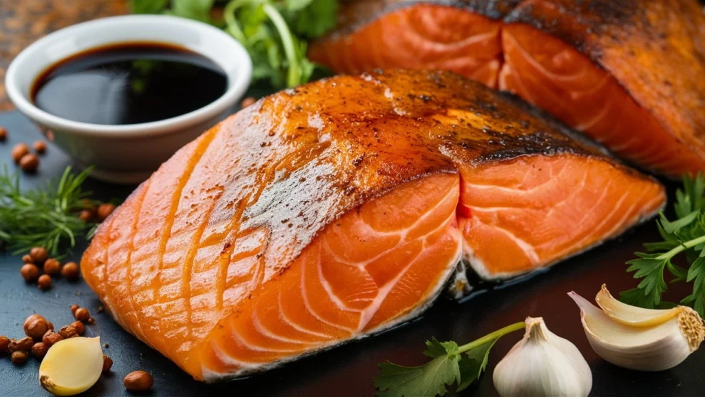 A fresh salmon fillet being submerged in a soy sauce-based brine mixture.