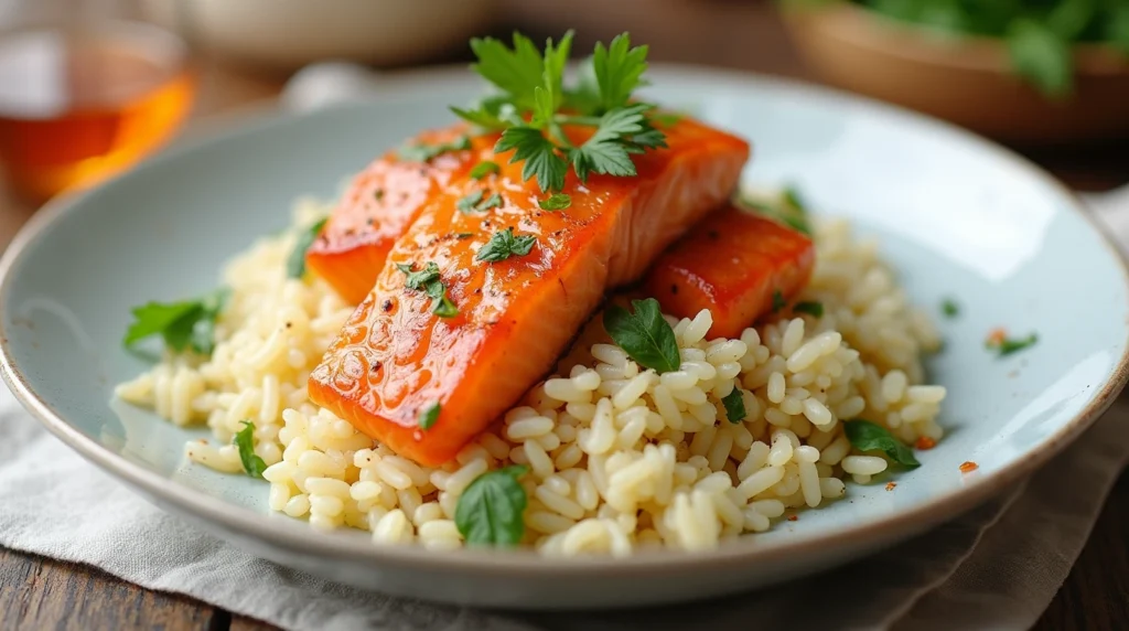 A beautifully plated dish with grilled salmon and fluffy rice, highlighting the complementary textures and colors.