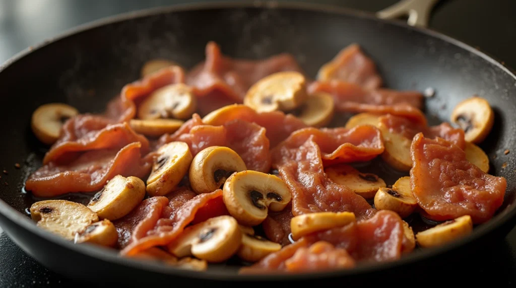 Crispy bacon strips and sliced mushrooms being sautéed in a pan for the Alice Springs Chicken recipe.