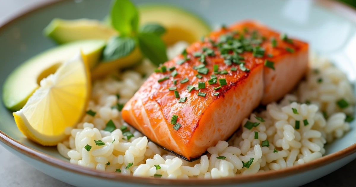 Savory rice recipes for salmon: A plated dish with salmon fillets and a side of white, fluffy rice, garnished with herbs, avocado slices, and lemon wedges.