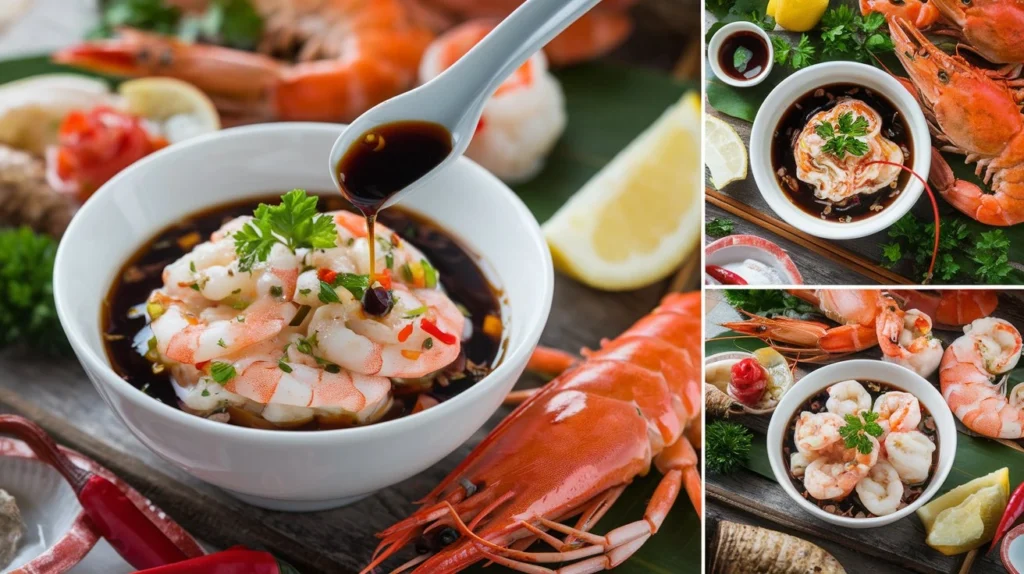 A bowl of seafood salad topped with a soy sauce-based dressing for a rich, umami flavor.