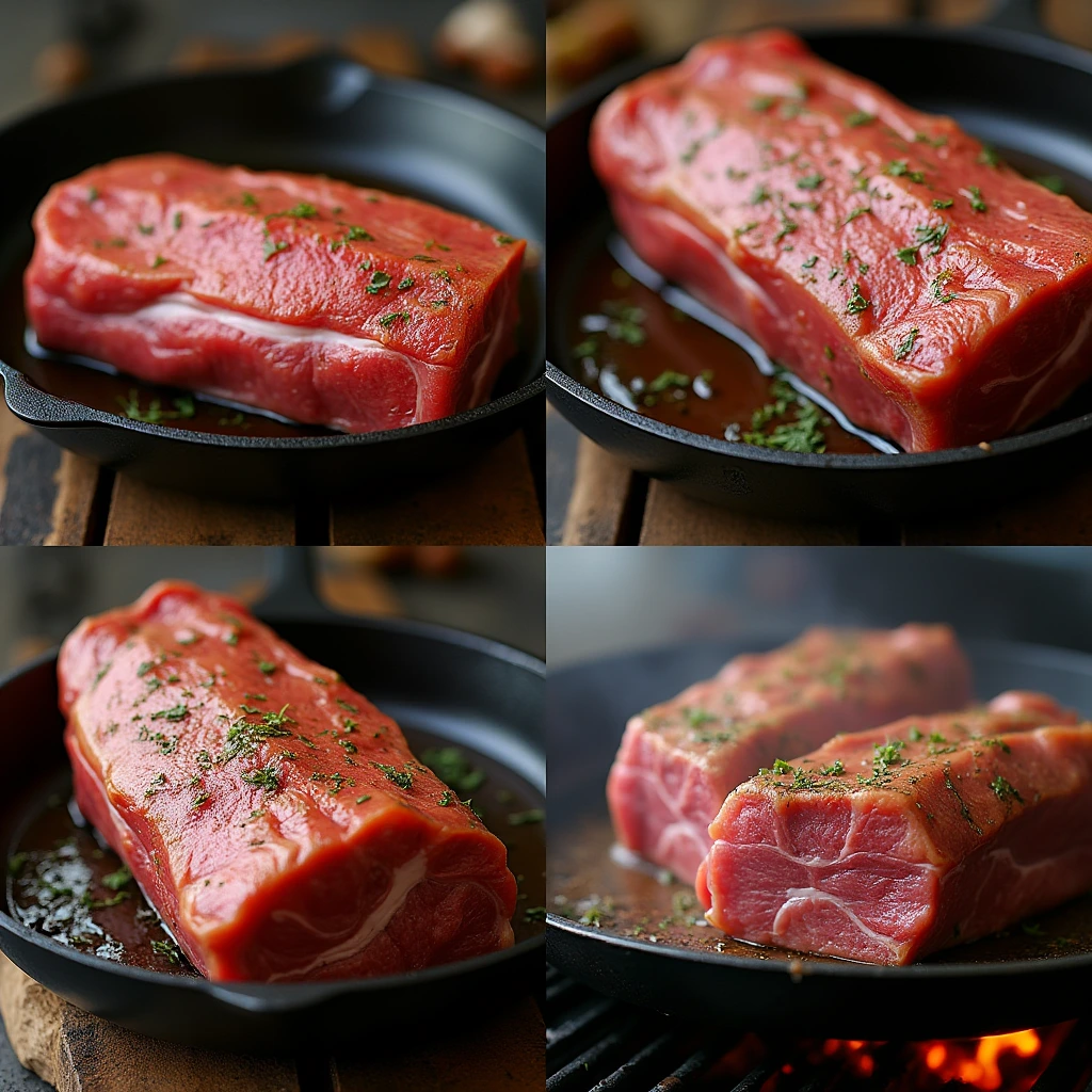 "A lamb loin being seared in a hot cast iron skillet, ready to be transferred to the oven for roasting. The crust begins to form, adding flavor to the roast."