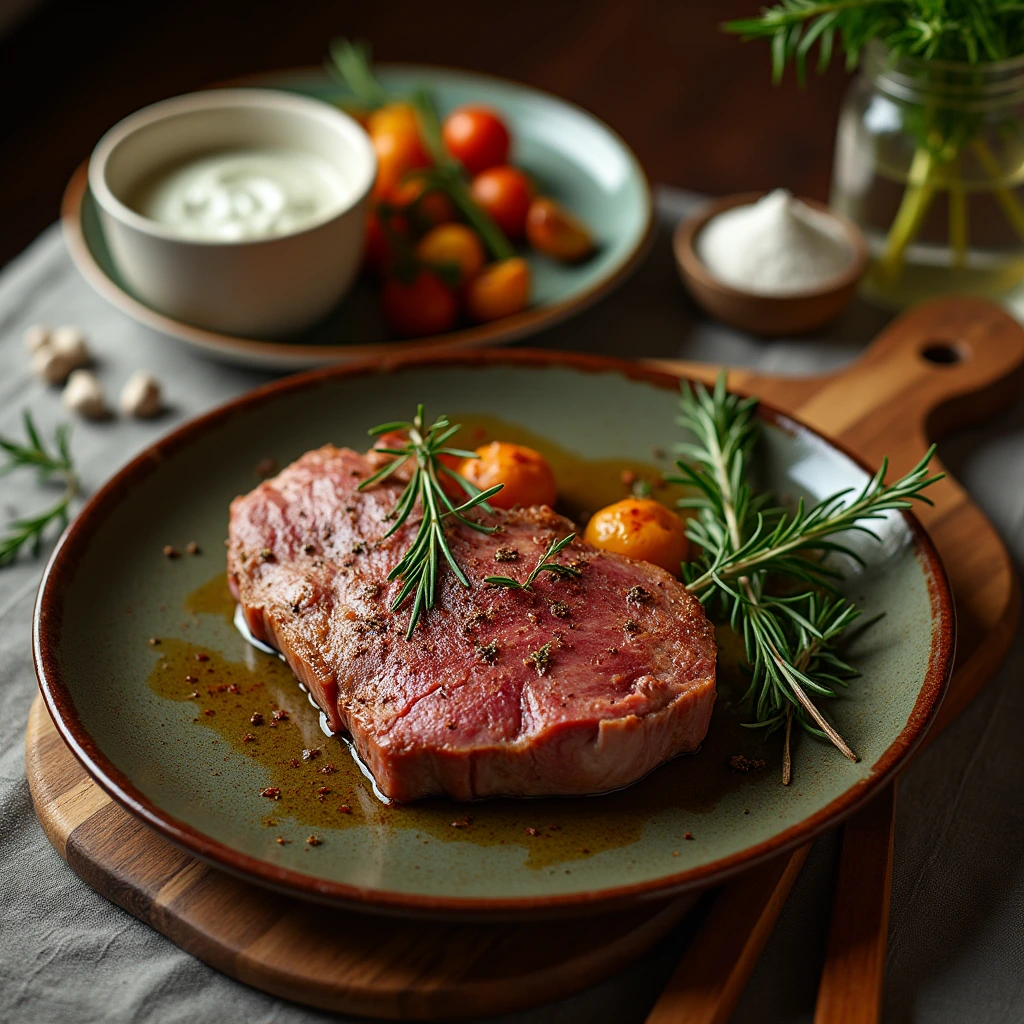 Raw lamb breast seasoned with rosemary, garlic, paprika, salt, and pepper on a wooden cutting board, surrounded by olive oil and fresh herbs."