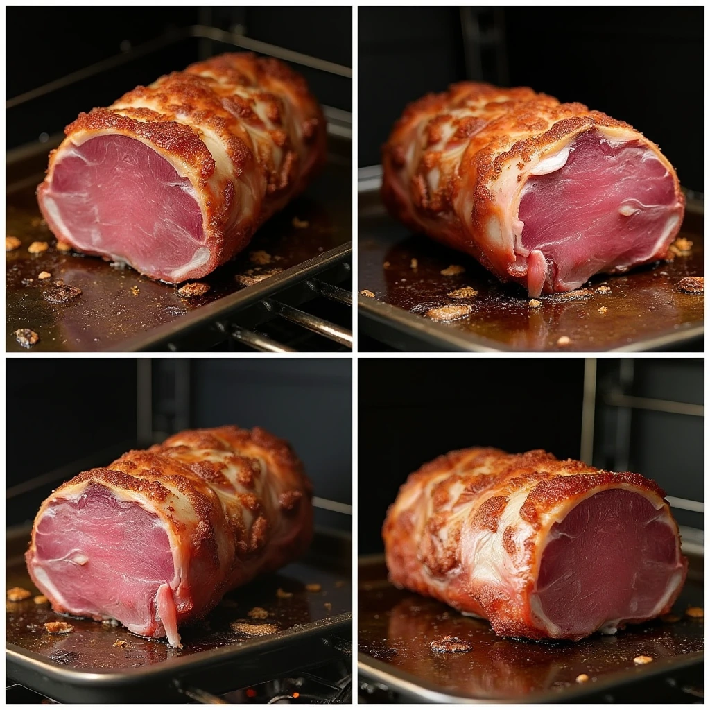 "Raw lamb loin seasoned with rosemary, garlic, salt, and pepper on a wooden cutting board, with a small bowl of olive oil and a knife beside it."