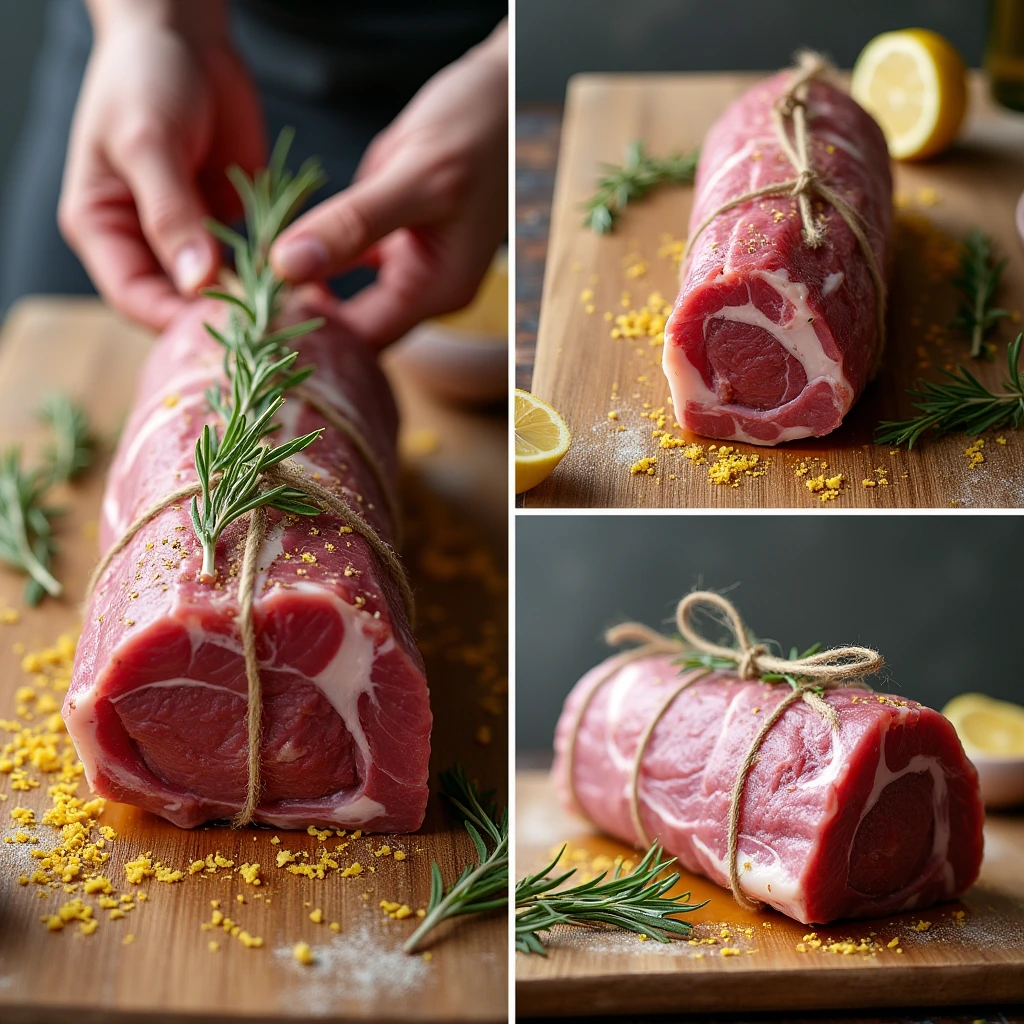 "A lamb loin being seasoned with Mediterranean herbs like rosemary, garlic, and lemon zest. The meat is being tied with butcher's twine for even cooking."