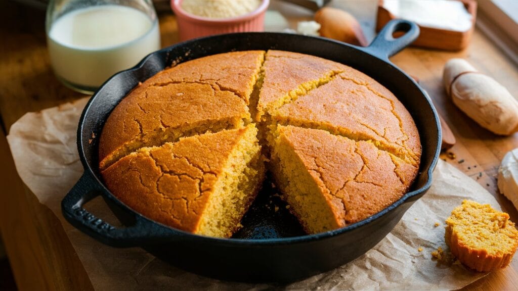  A slice of Southern cornbread with a dollop of butter, showcasing its crispy crust and moist crumb.