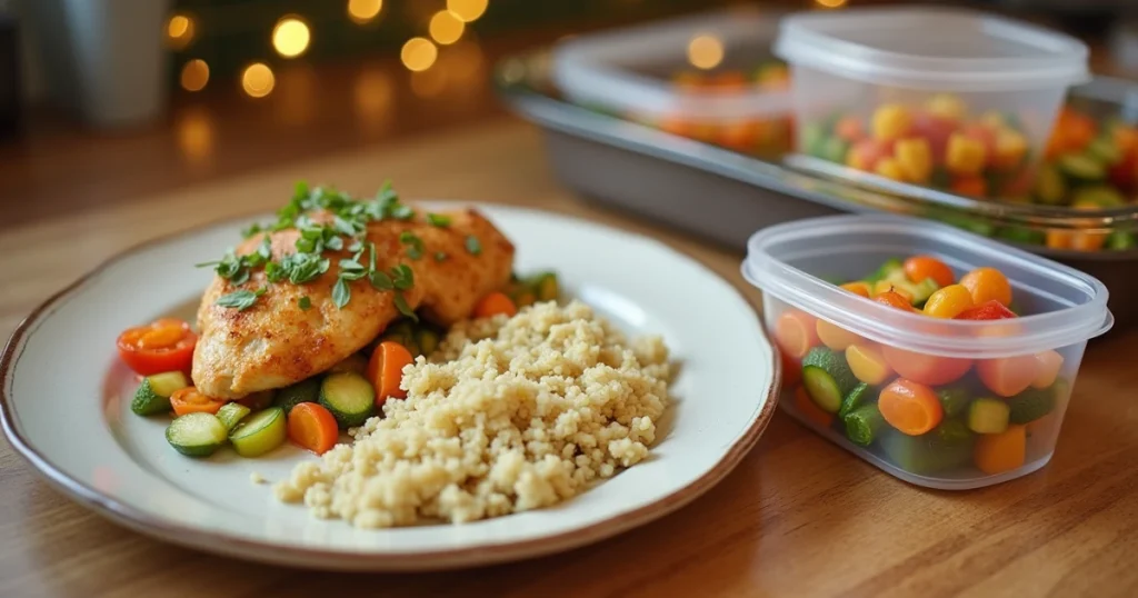 A Healthy Chicken and Vegetable Sheet Pan Dinner served with quinoa and stored leftovers in containers for meal prep.