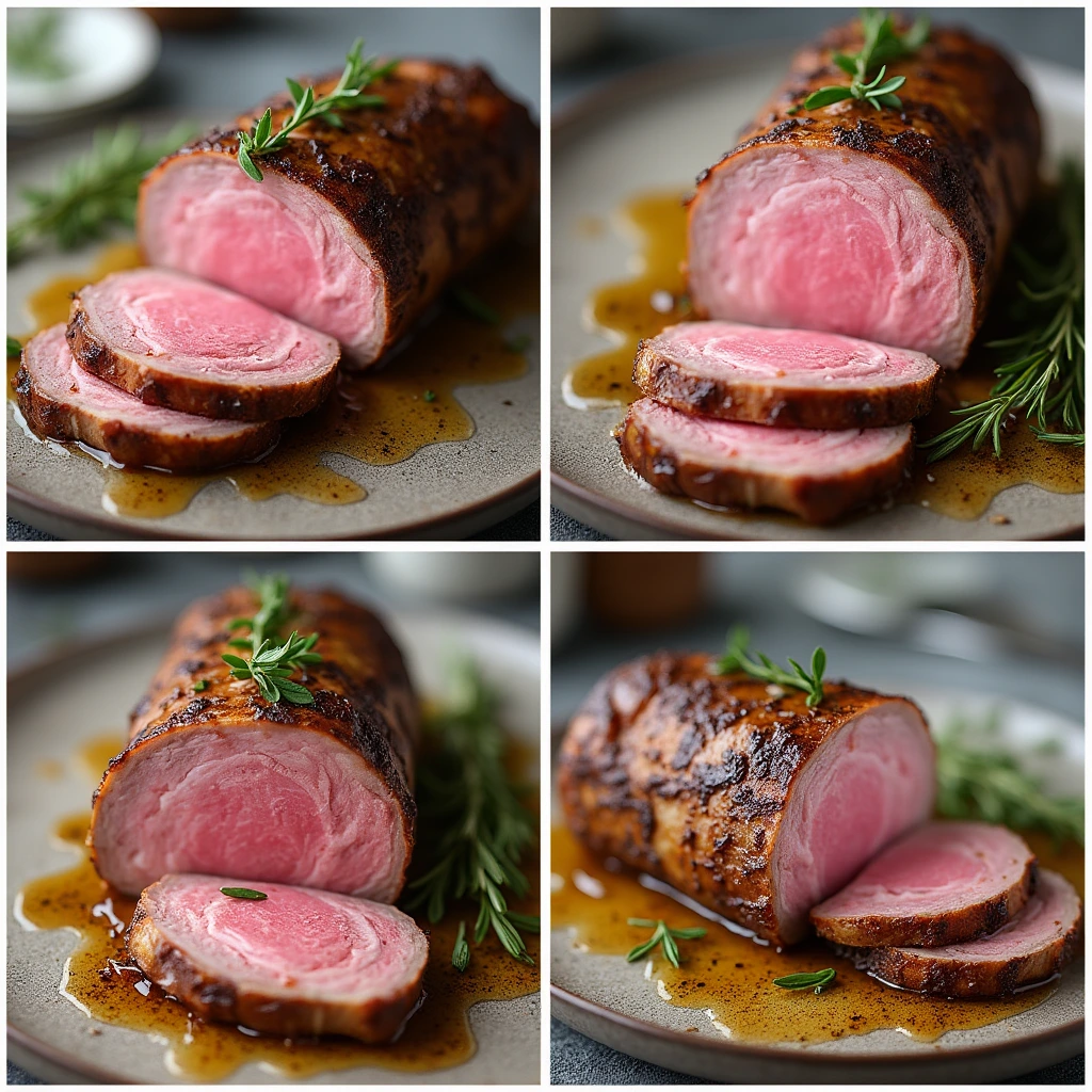 "Close-up of a sliced lamb loin roast revealing a tender, juicy interior, topped with a drizzle of olive oil and fresh rosemary."