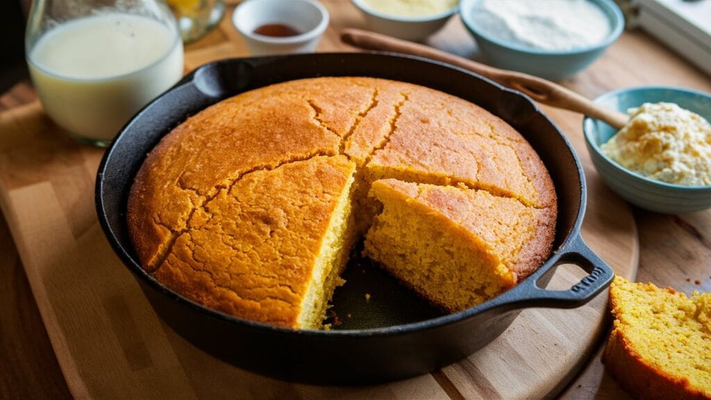  A freshly baked Southern cornbread made with beef tallow, sliced and ready to serve.