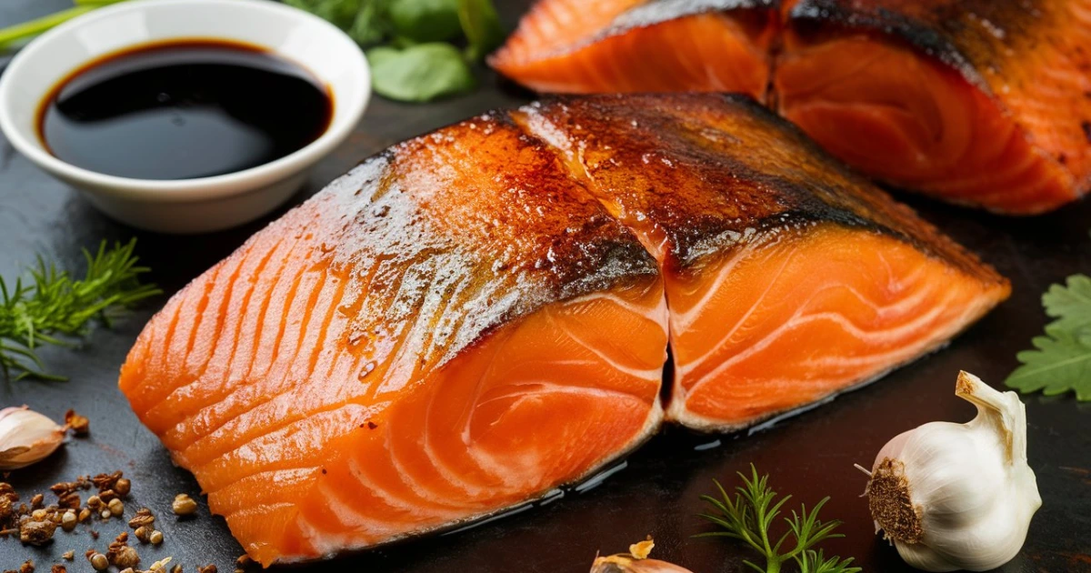 A close-up of soy sauce, garlic, herbs, and spices used for brining smoked salmon.