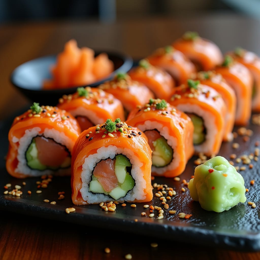 "Spicy salmon rolls with a drizzle of spicy mayo and a sprinkle of sesame seeds on top."