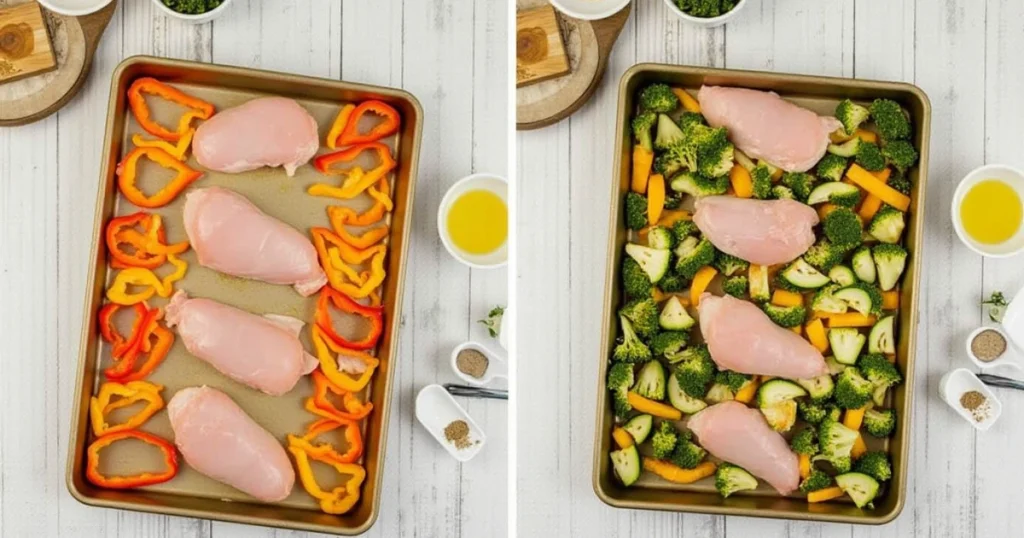 A step-by-step guide showing the preparation of a Healthy Chicken and Vegetable Sheet Pan Dinner, with chicken and veggies neatly arranged on a baking sheet.