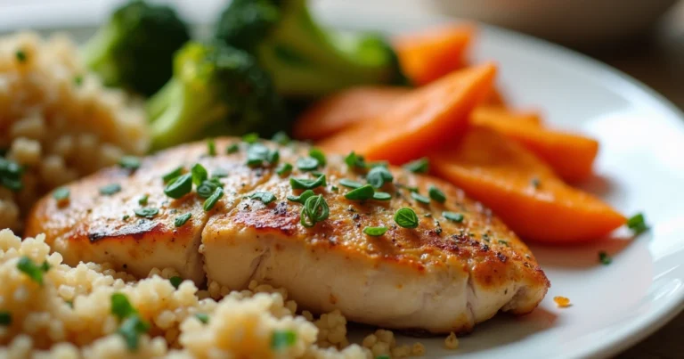 "A vibrant, healthy dinner with a perfectly cooked chicken breast, roasted vegetables, and quinoa on a white plate, highlighting the simplicity and flavor of a chicken breast meal."