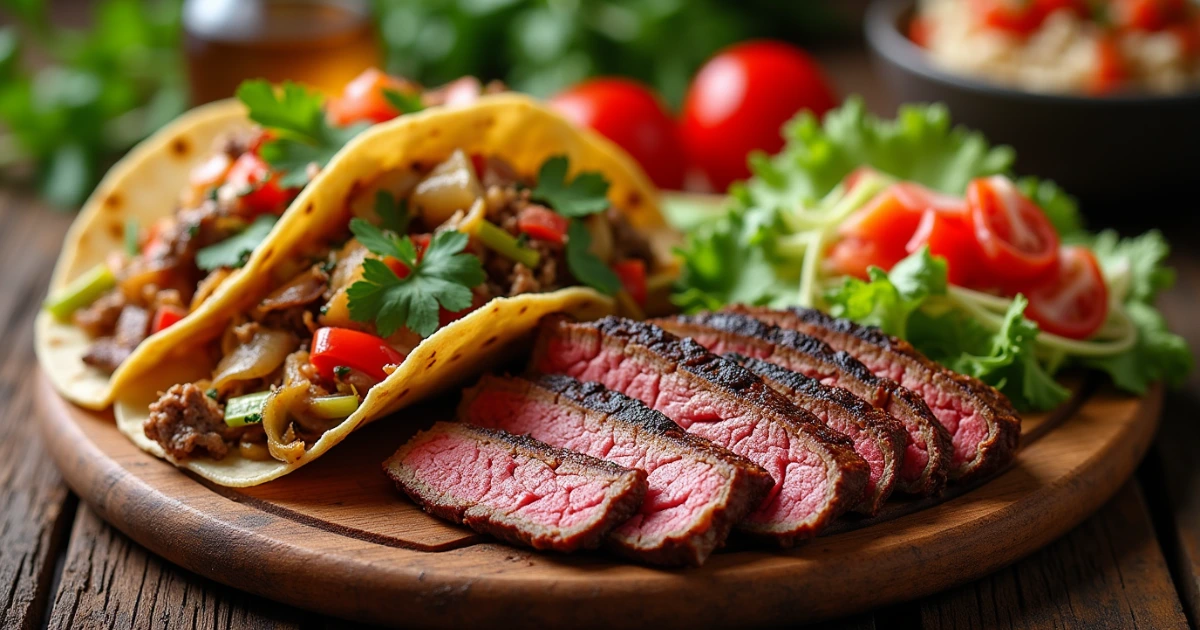 "A selection of thin-sliced beef dishes, including stir-fry with vegetables, grilled beef strips, and a flavorful beef rice bowl, beautifully plated."