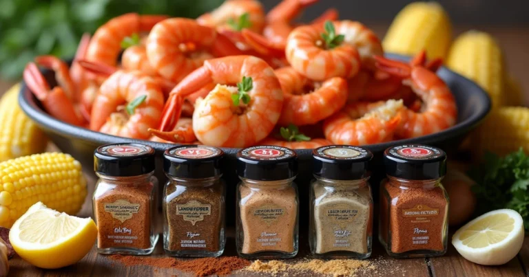 A vibrant display of the top 5 seafood boil seasonings with fresh seafood, including Cajun, Old Bay, garlic butter, lemon pepper, and Louisiana-style spices."