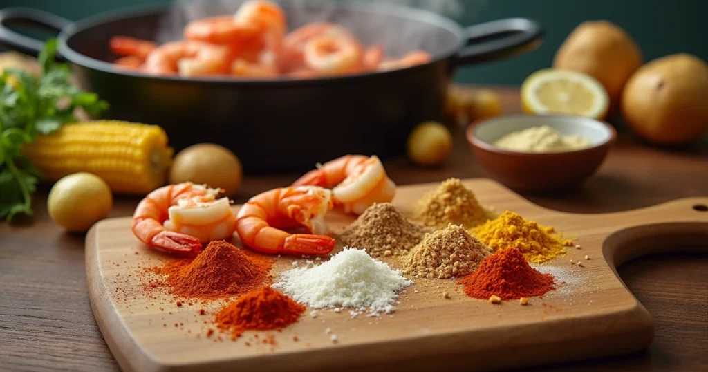 "Seafood being seasoned with homemade seafood boil seasoning, featuring shrimp, crab, and crawfish in a large pot."