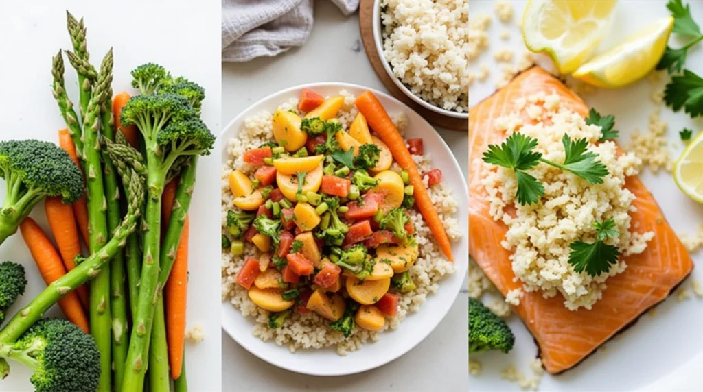  A colorful spread of vegetables like asparagus and carrots, paired with salmon and seasonings to complete the meal