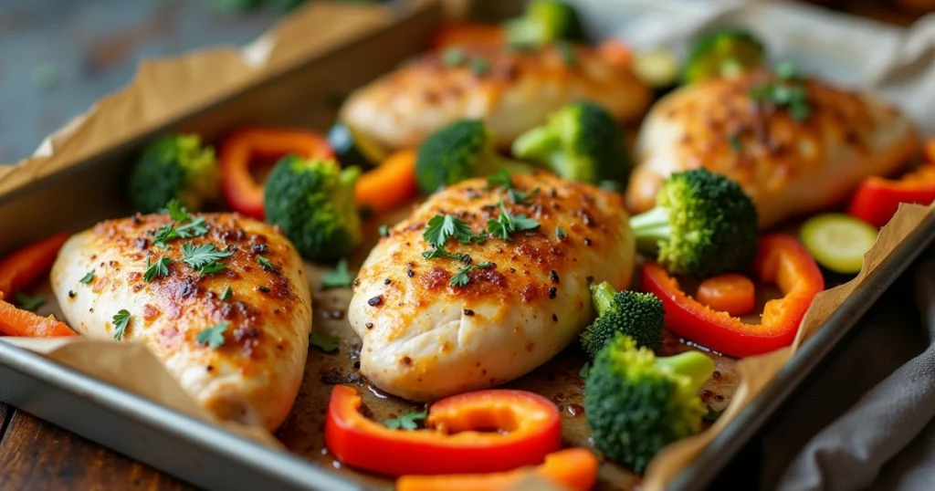 A close-up of a colorful and healthy chicken and vegetable sheet pan dinner, with perfectly cooked chicken, vibrant bell peppers, zucchini, and broccoli.