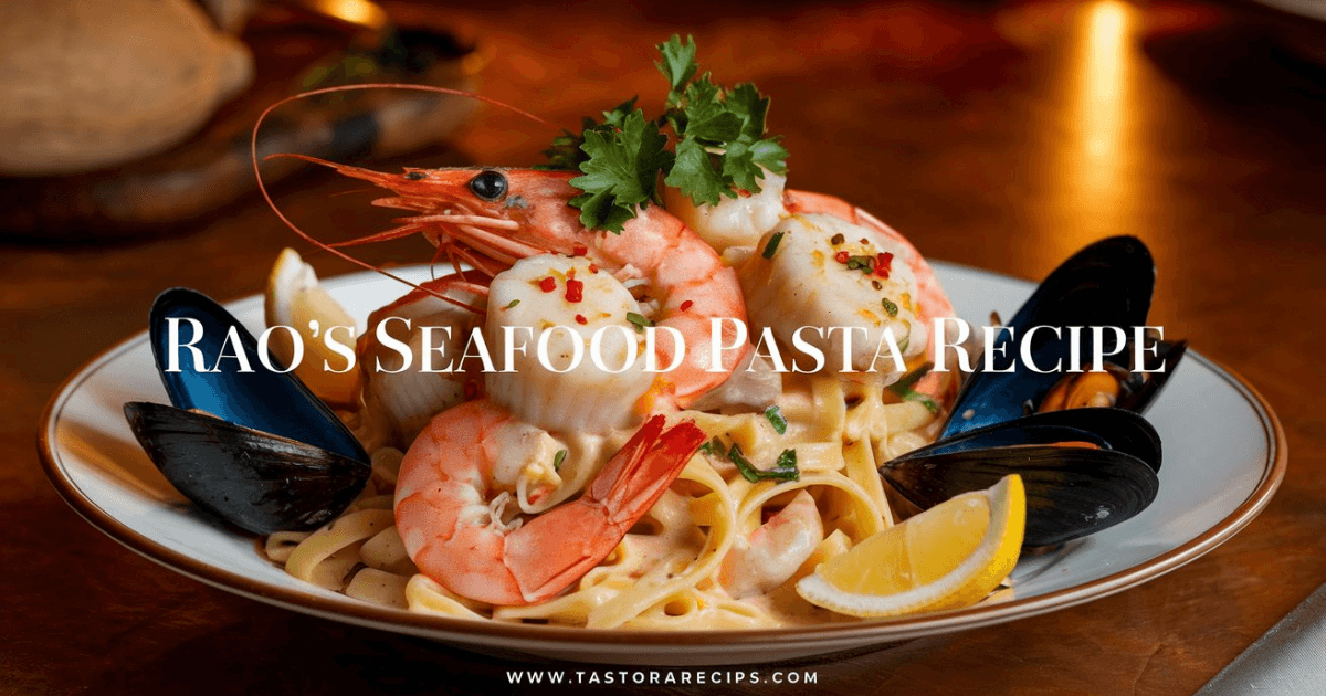 "A close-up shot of a plate of Rao’s Seafood Pasta with shrimp, scallops, and a soy sauce-infused sauce."