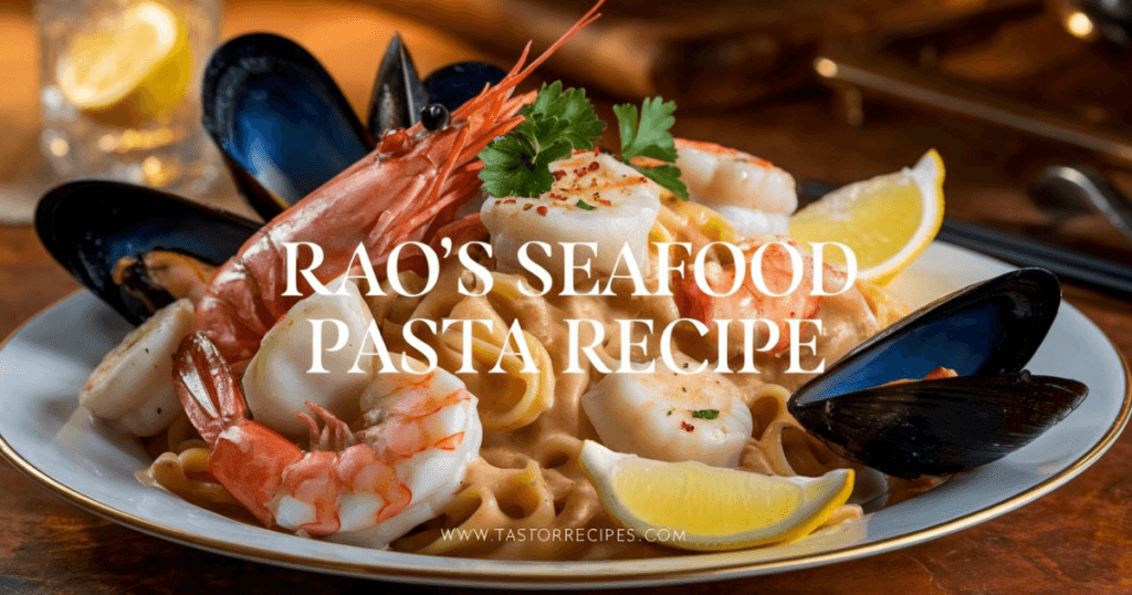 "A bowl of Rao’s Seafood Pasta featuring fresh seafood and a soy sauce-based sauce."