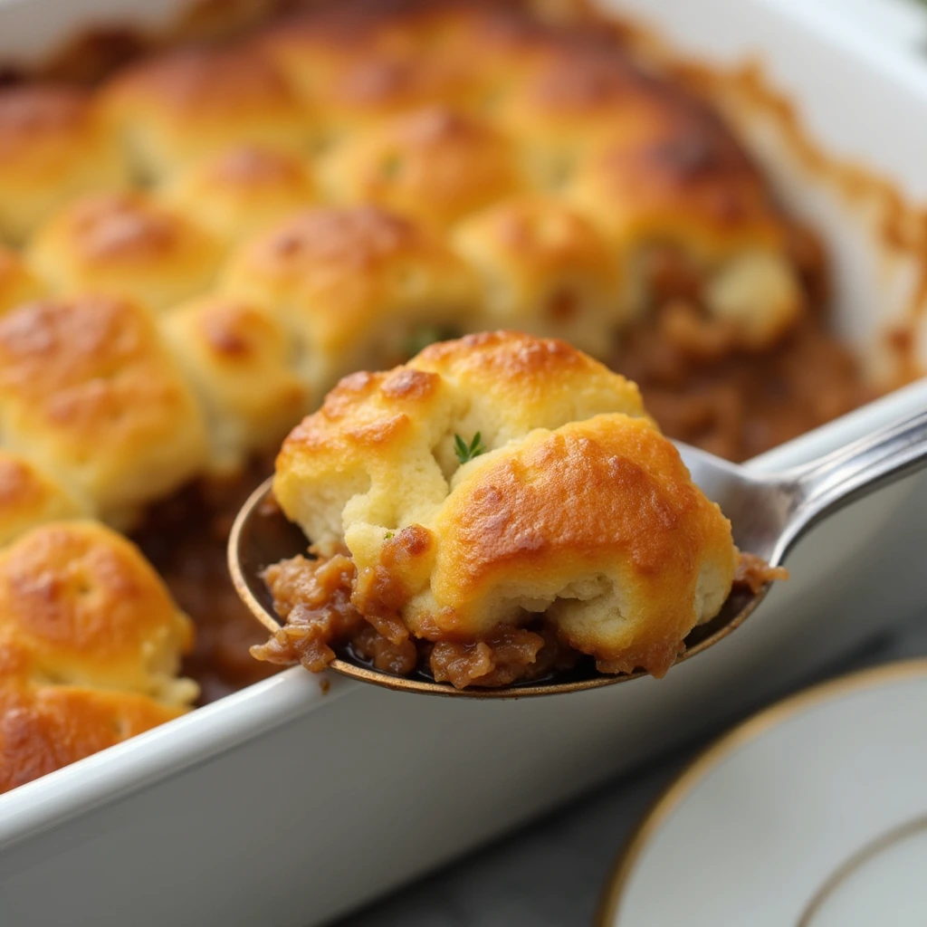 A generous portion of Cowboy Casserole with ground beef, corn, melted cheese, and crispy tater tots on a white plate.