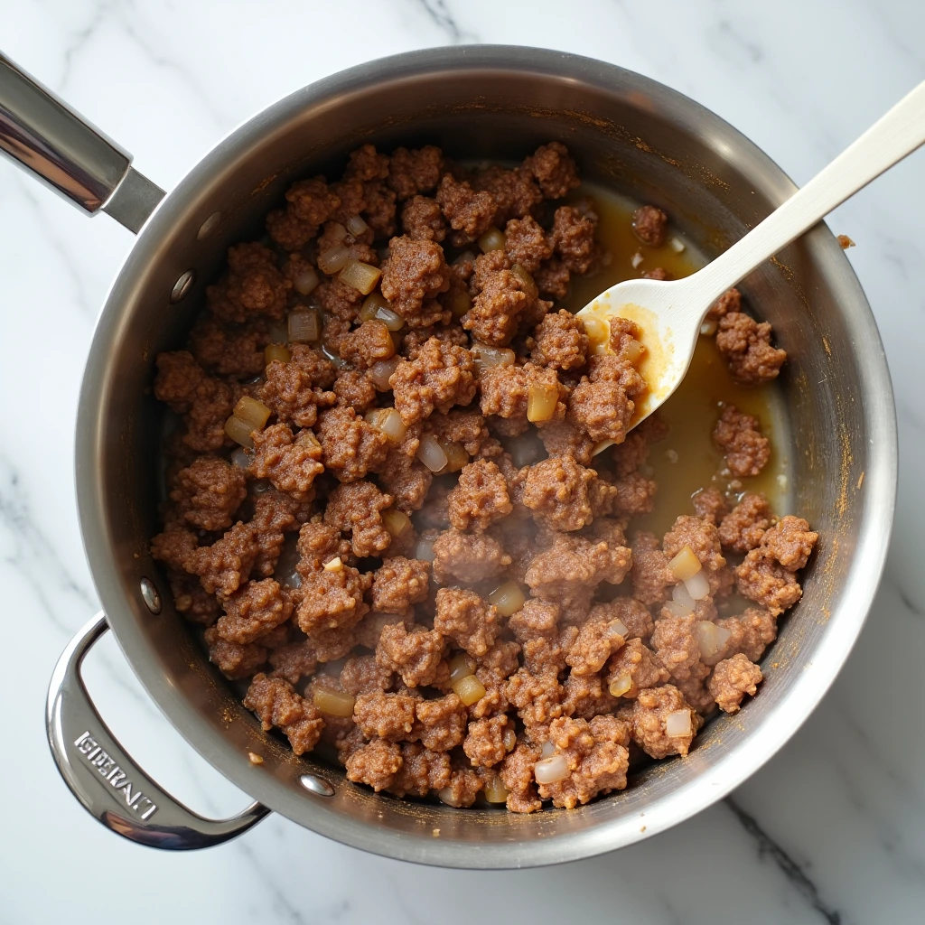 A baking dish filled with cooked ground beef, corn, and creamy sauce, ready for the next layer.