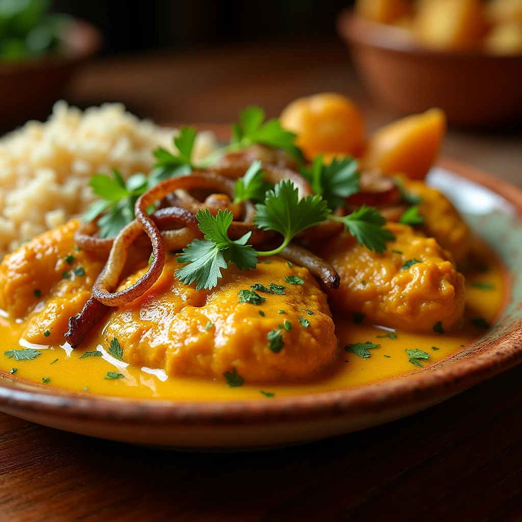 A plated Churu Chicken Amarillo with golden chicken in creamy aji amarillo sauce, garnished with cilantro, served alongside steamed white rice and crispy potatoes.