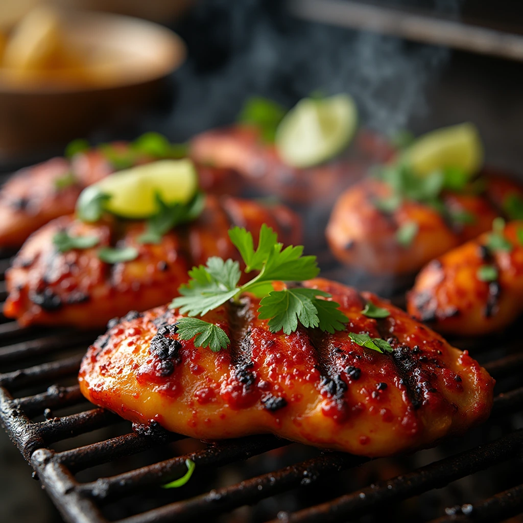 A close-up of grilled chicken with a rich red marinade, slightly charred and garnished with fresh herbs, capturing the smoky and bold Tex-Mex flavors.