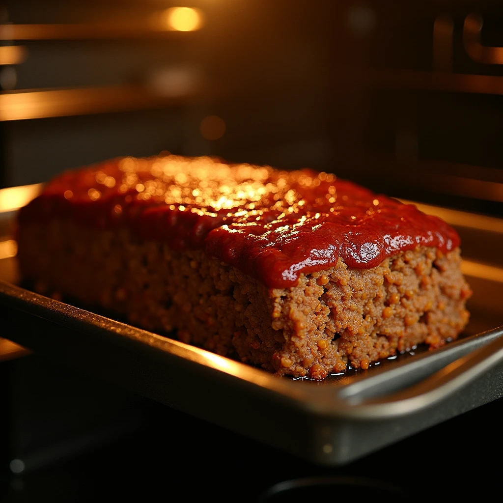 A Creole meatloaf baking in the oven with a rich, golden-brown glaze on top.