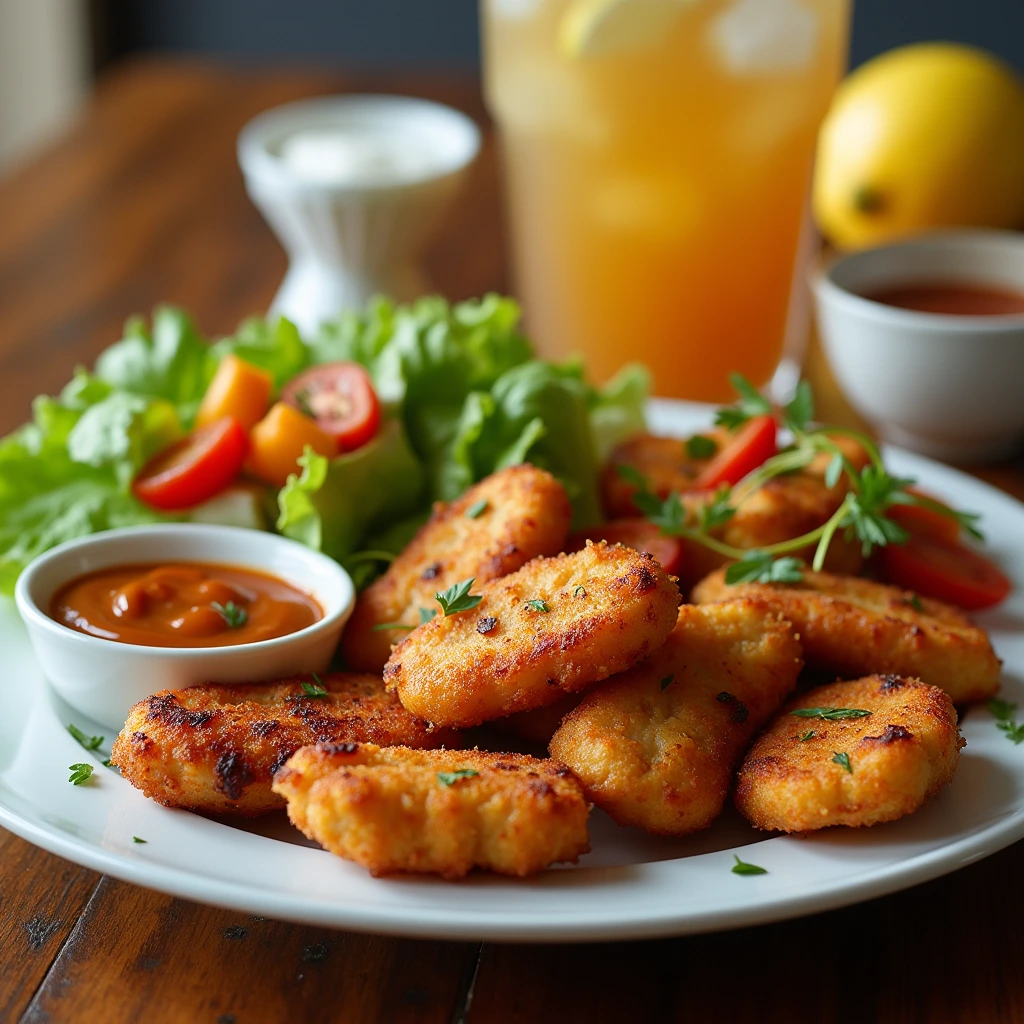 "Grilled nuggets on a barbecue grill with perfect sear marks, cooking evenly over medium heat with a brush adding extra marinade."