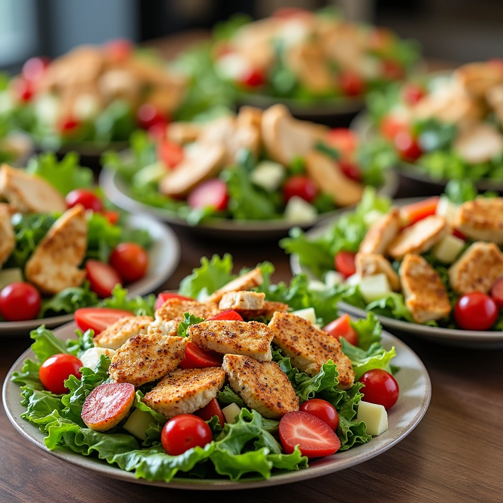 "A close-up of Chicken Salad Chick salads with visible nutrition labels showing calories, protein, fats, and carbs."