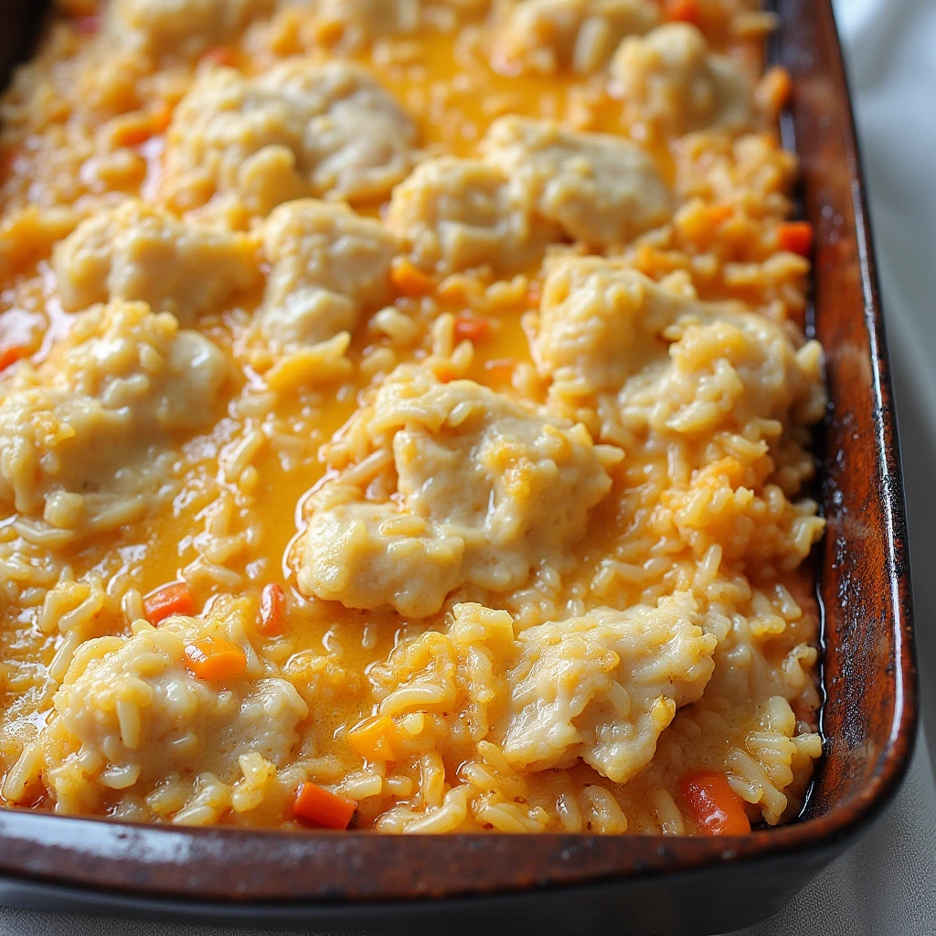 "A casserole dish with chicken and rice, highlighting common mistakes to avoid when making Old Fashioned Chicken and Rice Casserole."