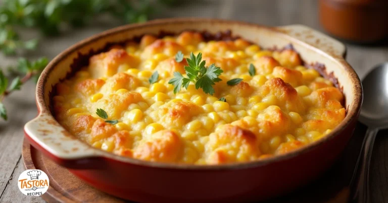 A freshly baked corn bread pudding with a golden-brown crust and visible corn kernels, served in a rustic ceramic dish with a spoon on the side.