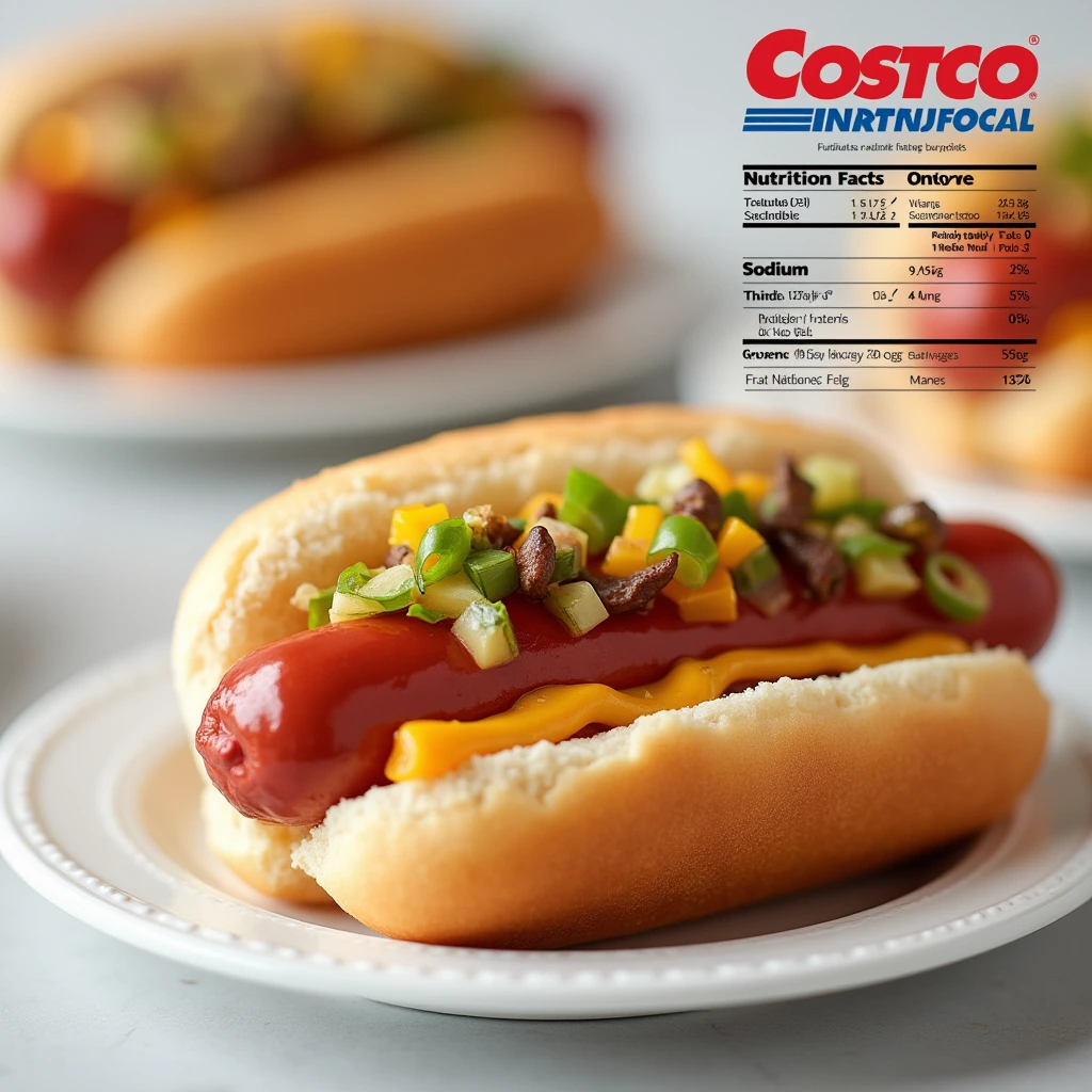 A deconstructed Costco hot dog on a wooden board, showing a bun, all-beef hot dog, mustard, ketchup, onions, and relish.