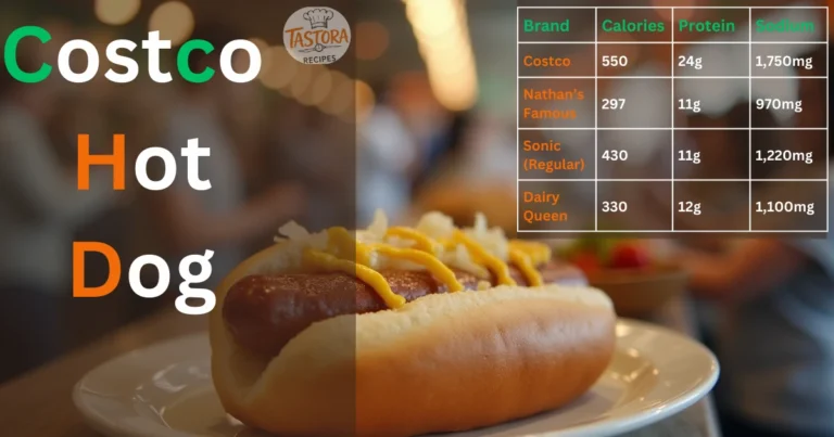 "Delicious Costco hot dog served in a soft bun with mustard and onions at a busy food court."