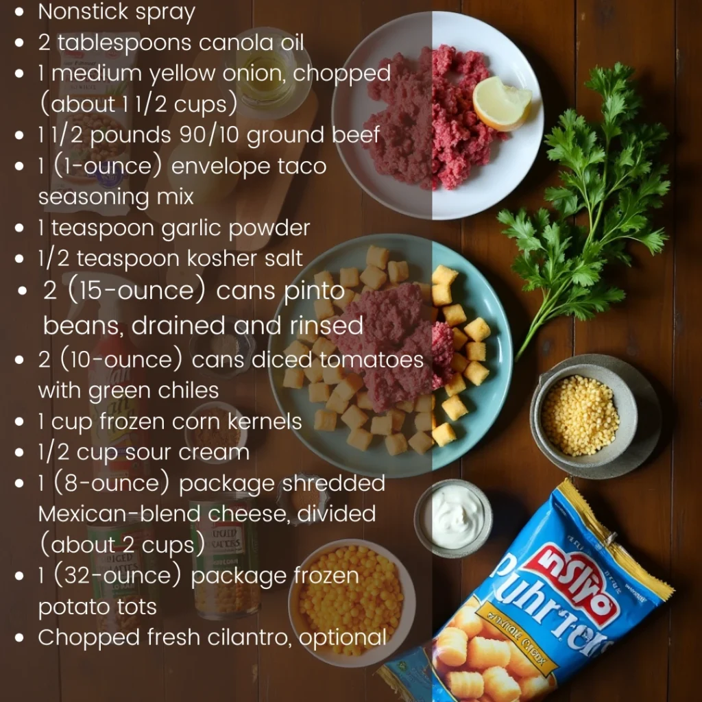 Fresh ingredients including ground beef, tater tots, shredded cheese, cream of mushroom soup, and Rotel tomatoes on a kitchen counter.