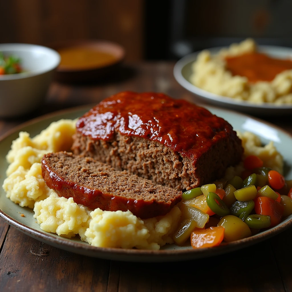 A deliciously cooked Creole meatloaf served with mashed potatoes, sautéed vegetables, and a sprinkle of Creole seasoning.