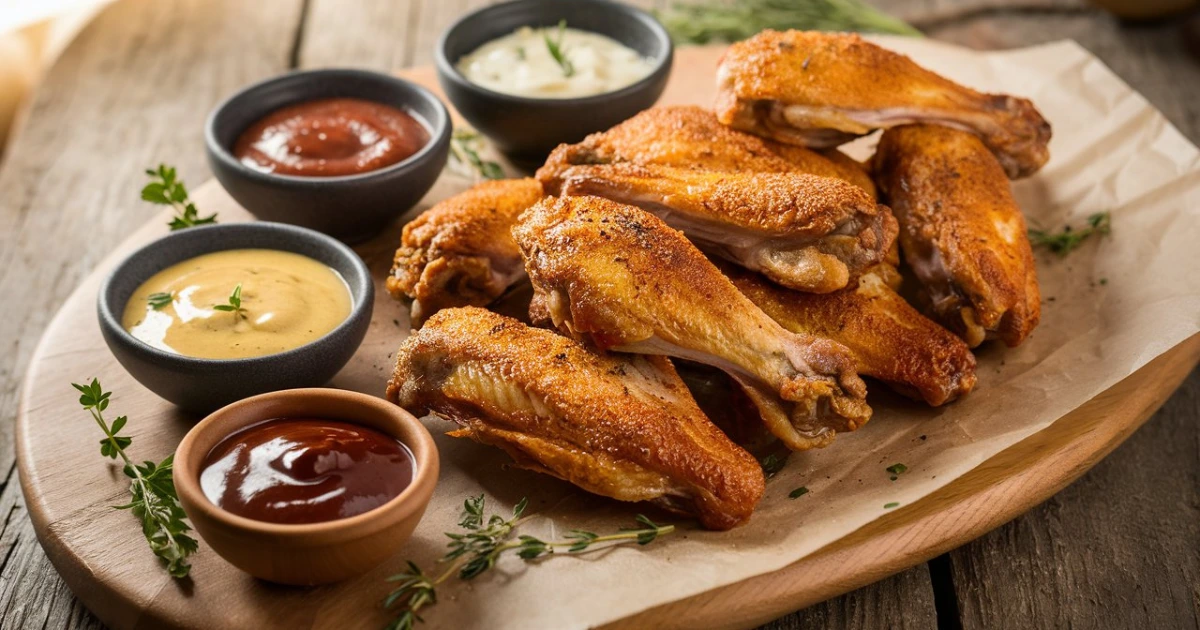 "Golden, crispy baked turkey wings seasoned with garlic, paprika, and black pepper, served with honey mustard, garlic butter, and barbecue dipping sauces, garnished with fresh thyme and parsley."