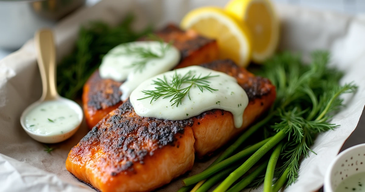 A beautifully plated crispy skin salmon with lemon dill butter sauce, garnished with fresh dill and lemon wedges, served with roasted vegetables.