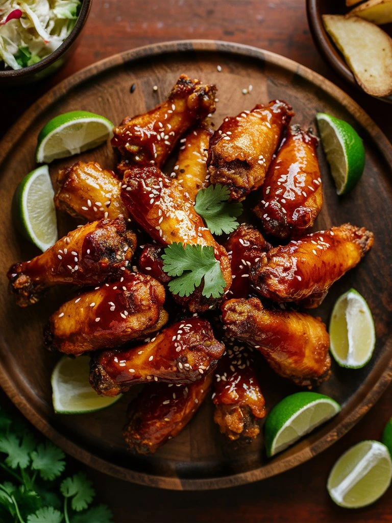 A full plate of crispy Dulce Chile Chicken Wings served with coleslaw, potato wedges, and a side of extra sauce for dipping.