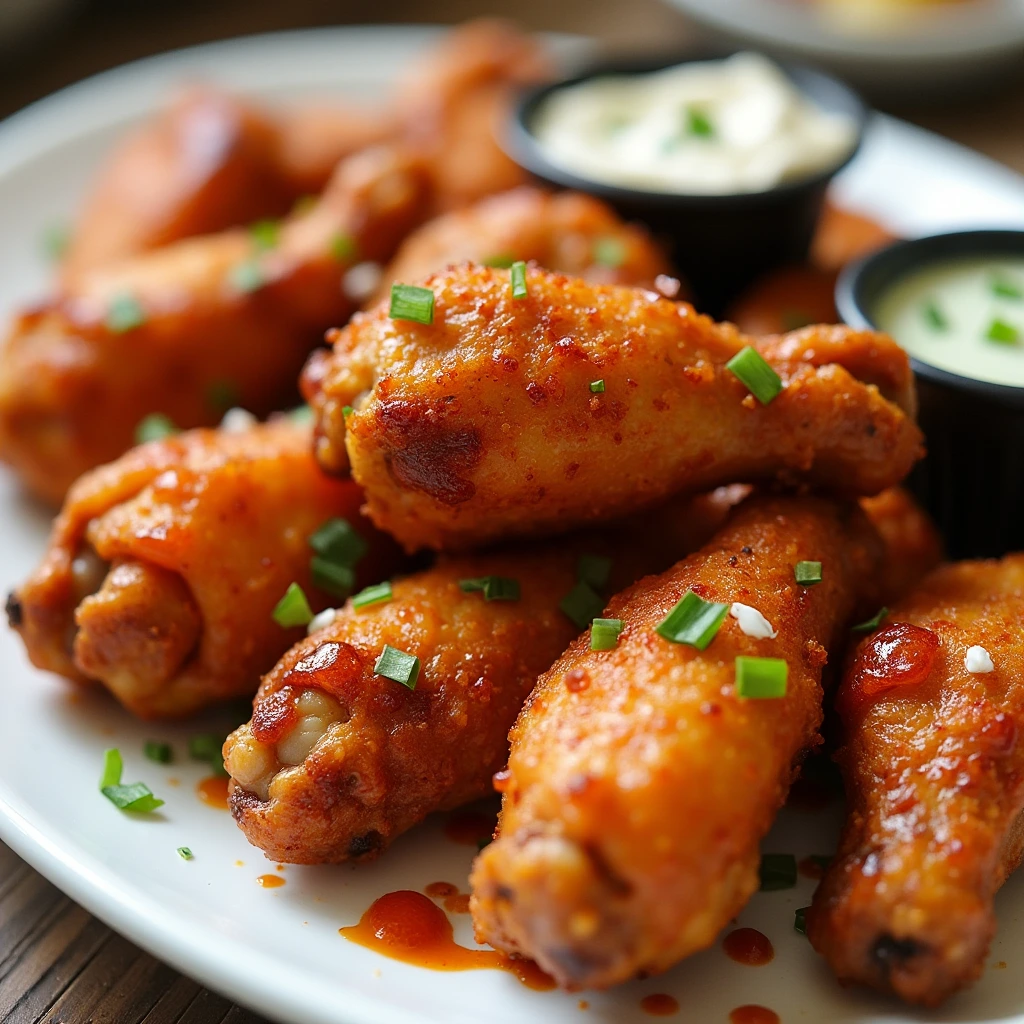 A plate of crispy fried chicken wings coated in different flavors: spicy, garlic, and herb.